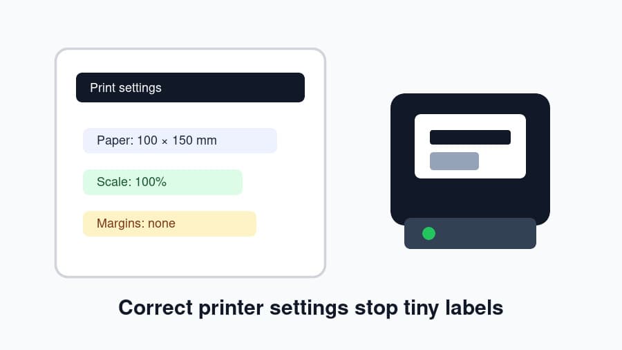Printer settings checklist for 100x150mm labels, 100% scale and no margins