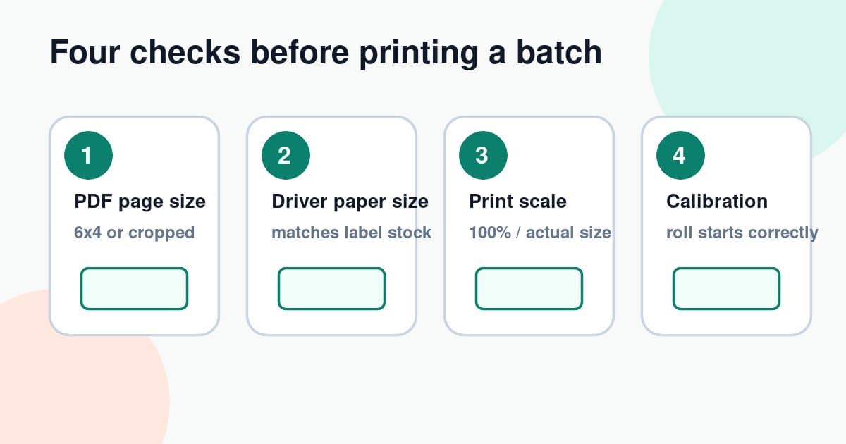 Four-step Click and Drop label printer workflow showing PDF size, driver size, print scale and calibration