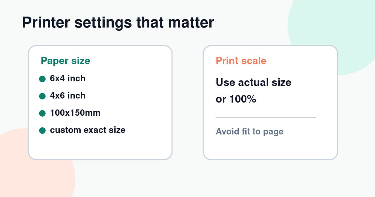 Printer settings panel illustration with 6x4 inch paper size, actual size scale and calibration reminder