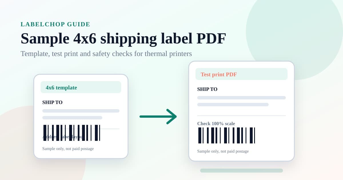 Sample 4x6 shipping label PDF guide showing a template label, test print and thermal-printer output