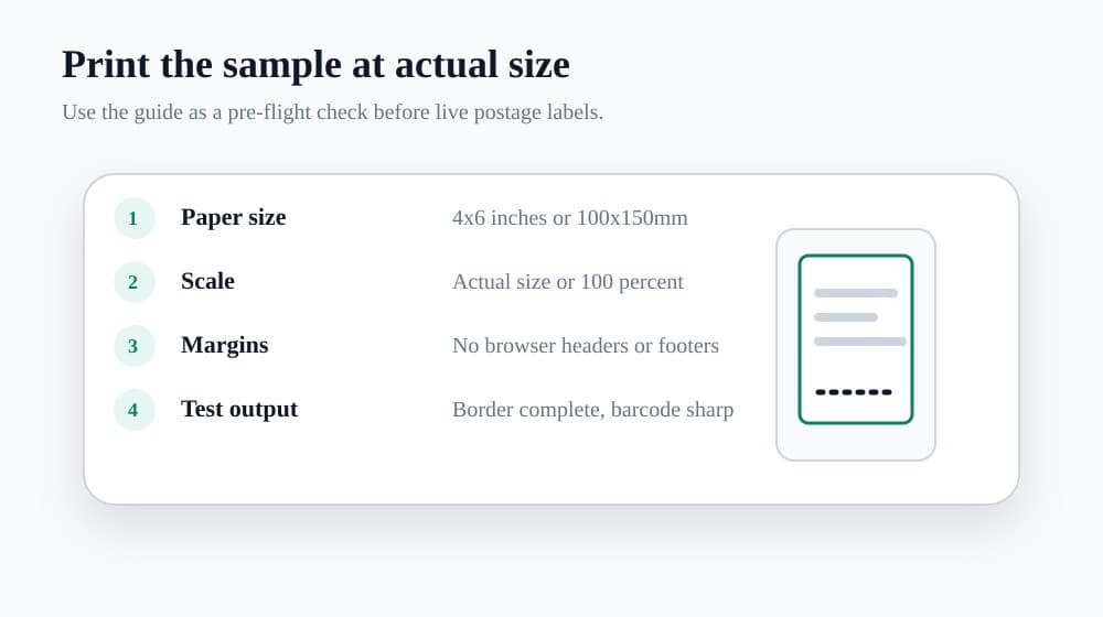 Print checklist for a sample 4x6 shipping label PDF showing paper size, scale, margins and test output