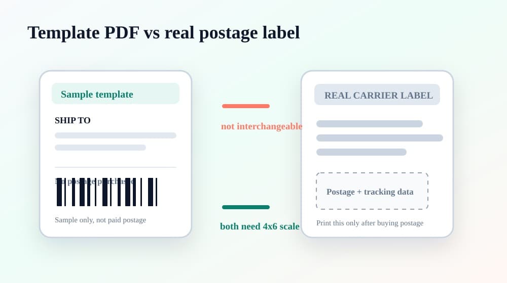 Decision graphic comparing a sample shipping label template with a real carrier postage label