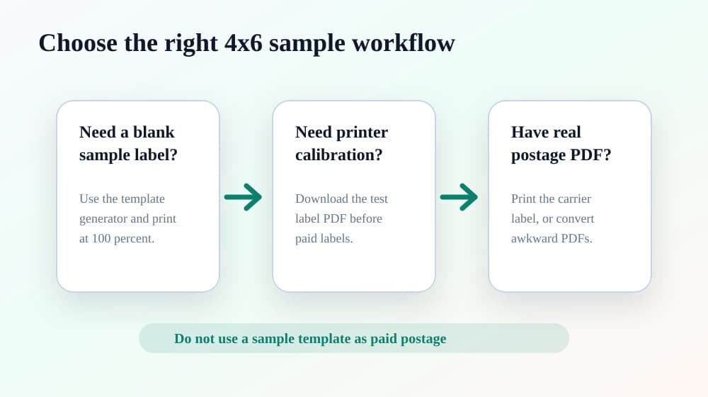 Workflow graphic showing when to use a template, a test label, a real carrier label or LabelChop automation
