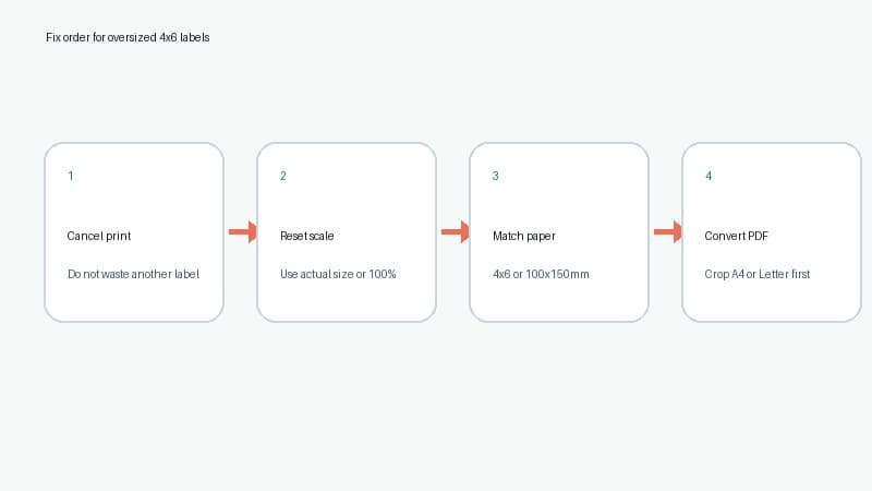 Step-by-step order for fixing an oversized shipping label before printing a full batch