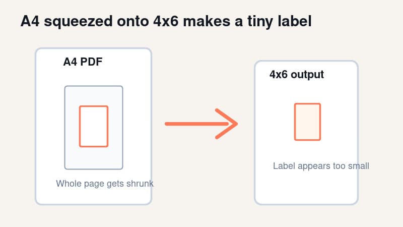 Diagram showing an A4 PDF being squeezed onto a 4x6 label and creating a tiny shipping label