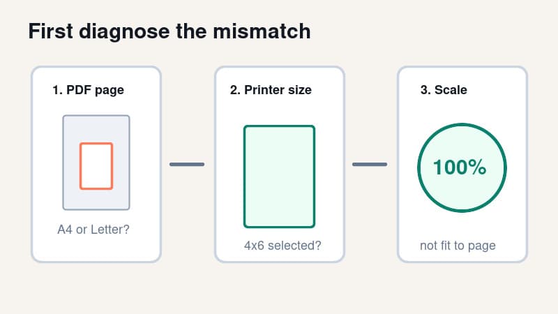 Checklist for diagnosing a tiny shipping label by checking PDF page size, printer paper size and scale