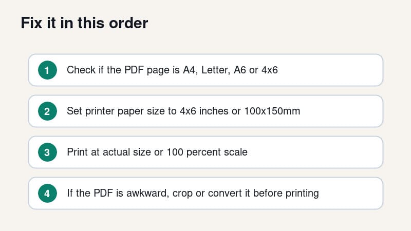 Step-by-step order for fixing a shipping label that prints too small on a thermal printer