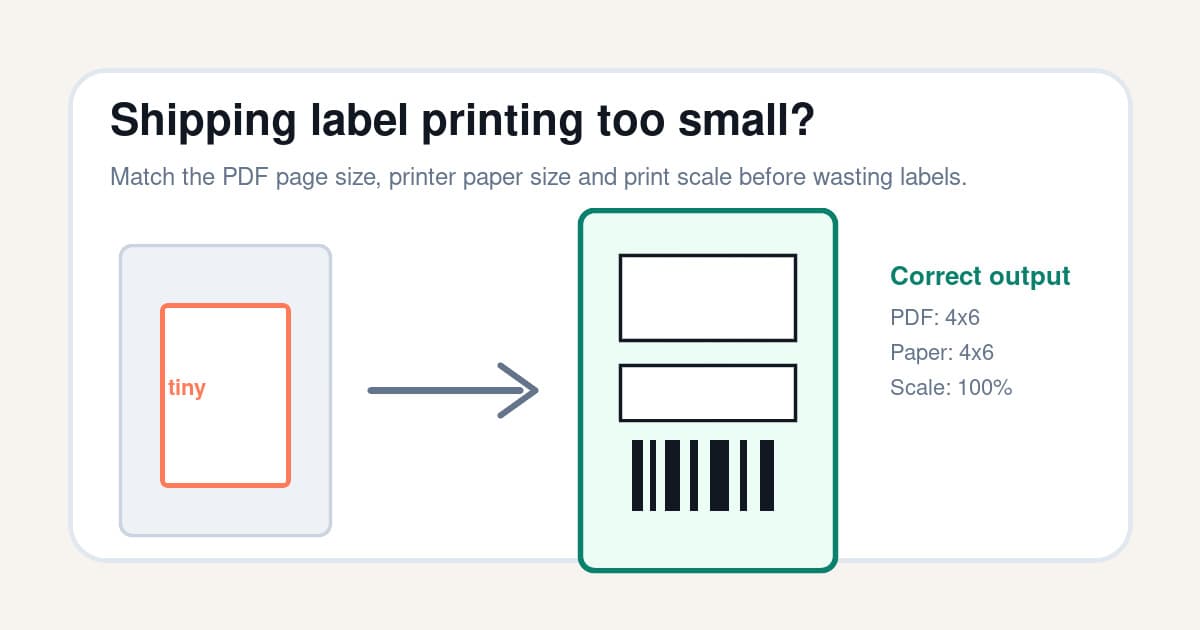 Shipping label printing too small because the PDF page, printer size and print scale do not match