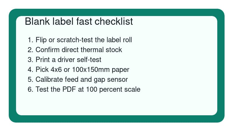 Checklist for fixing blank thermal printer labels: flip roll, check stock, print driver test, select 4x6 paper, calibrate and test PDF