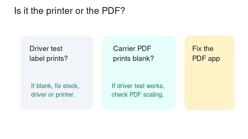Diagnostic flow showing how to tell whether blank labels come from the printer setup or from the shipping-label PDF