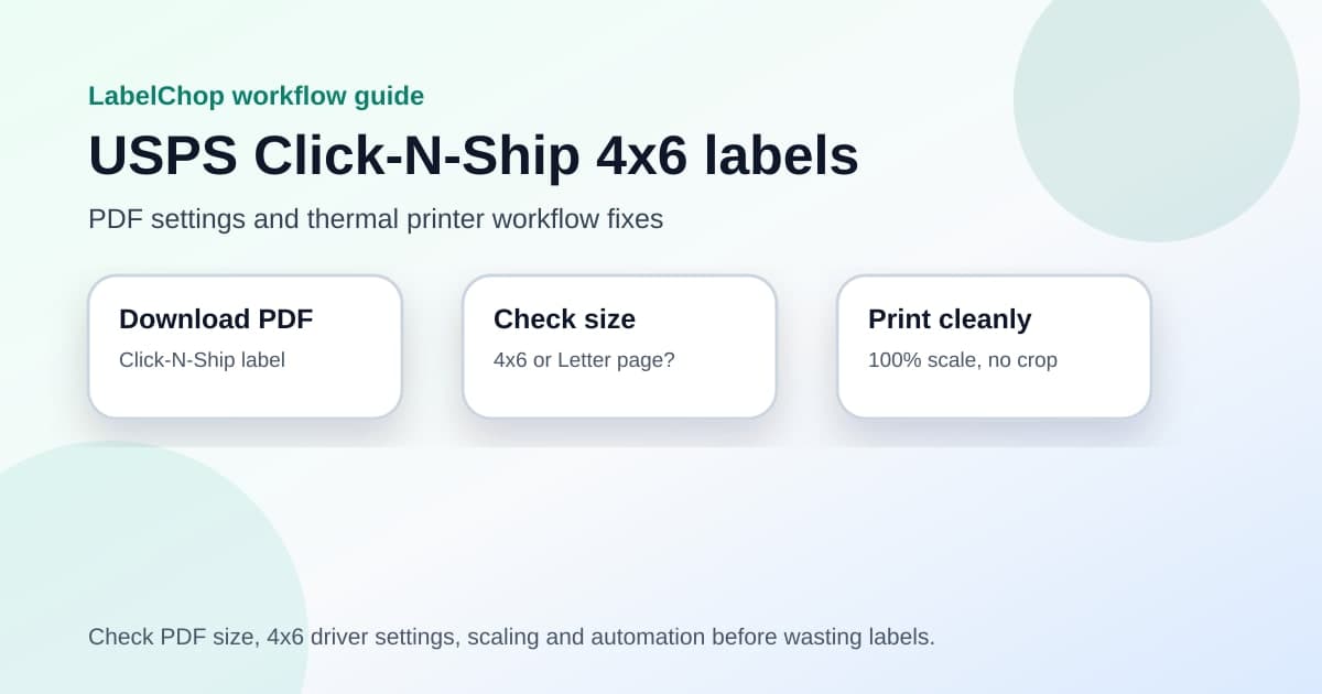 USPS Click-N-Ship 4x6 label printer workflow showing PDF size, printer settings and thermal label output
