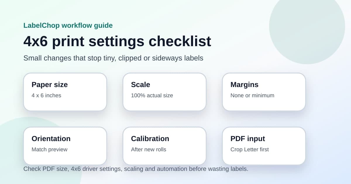 4x6 USPS Click-N-Ship printer settings checklist with paper size, scale, margins, orientation, calibration and PDF input