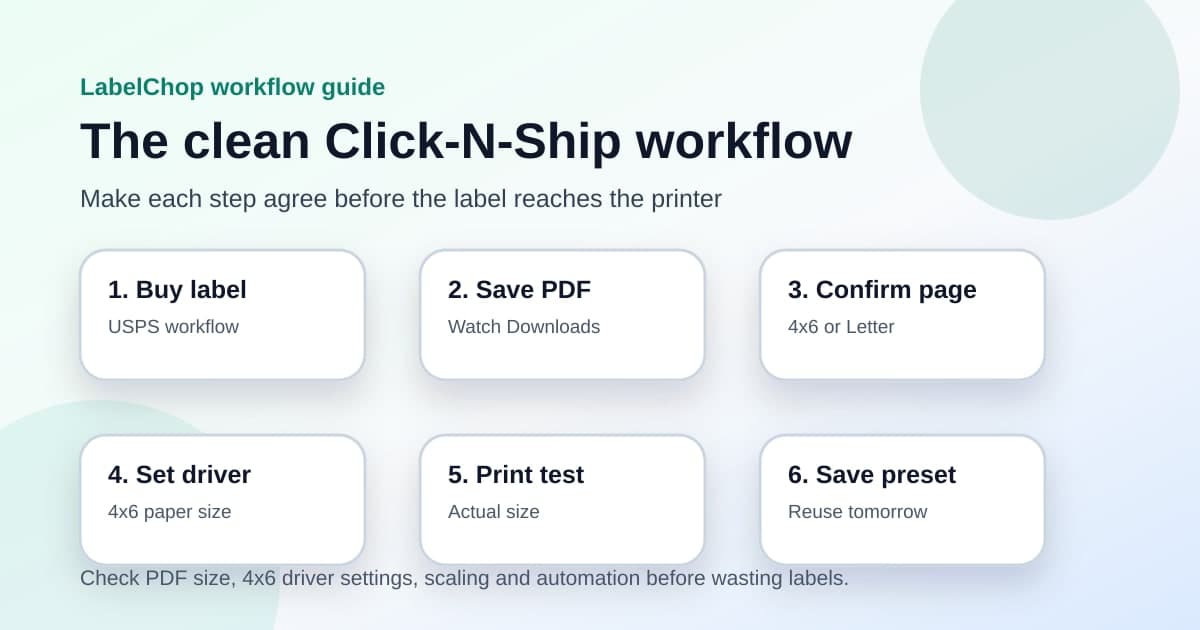 Workflow diagram for saving a USPS Click-N-Ship PDF, checking the page size, setting 4x6 paper and printing one test label
