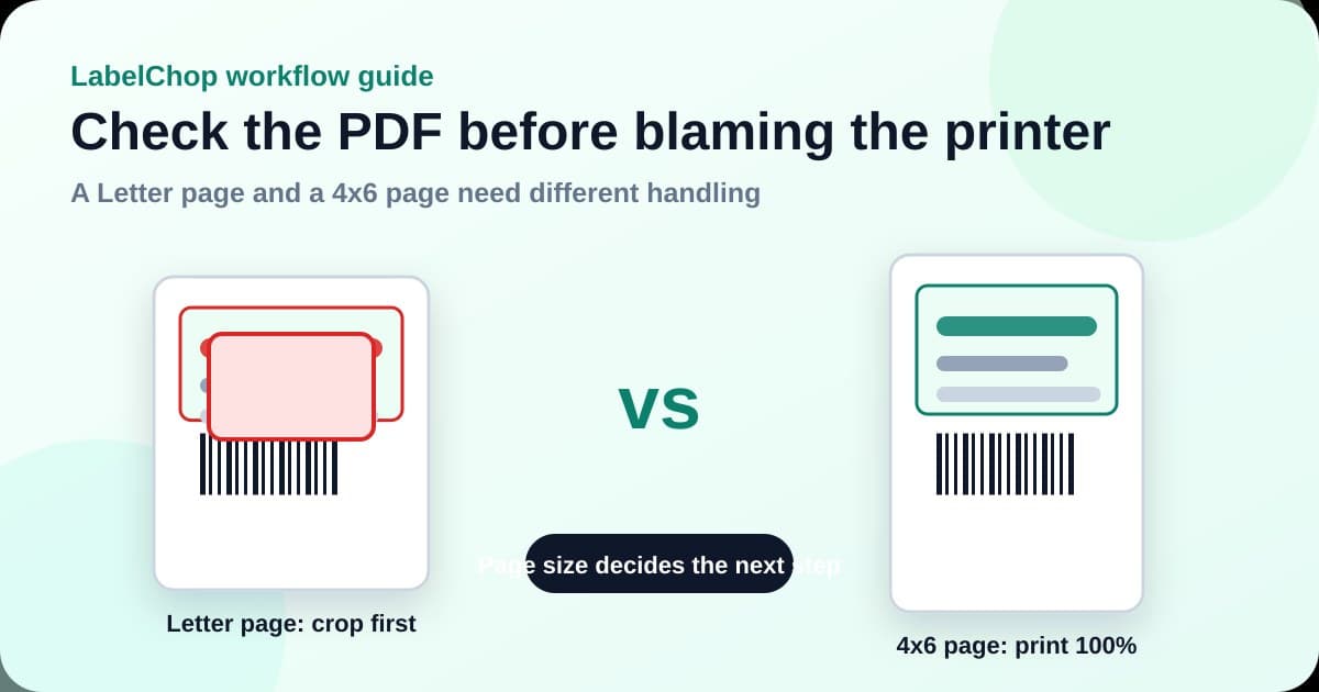 Comparison of a Letter-size USPS label PDF that needs cropping versus a true 4x6 PDF that can print at 100 percent