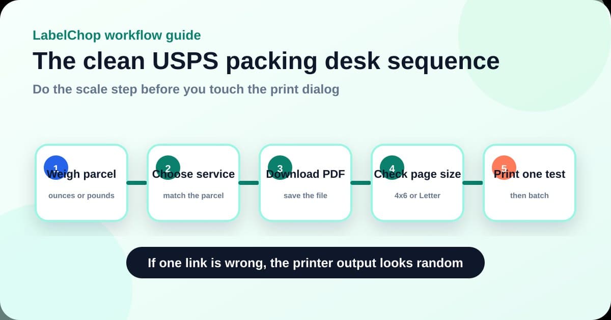 USPS scale and label printer workflow from weighing the parcel through PDF check and one test print