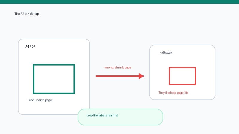 Diagram comparing a full-page Vinted PDF being shrunk onto 4x6 stock with a clean crop-to-4x6 workflow