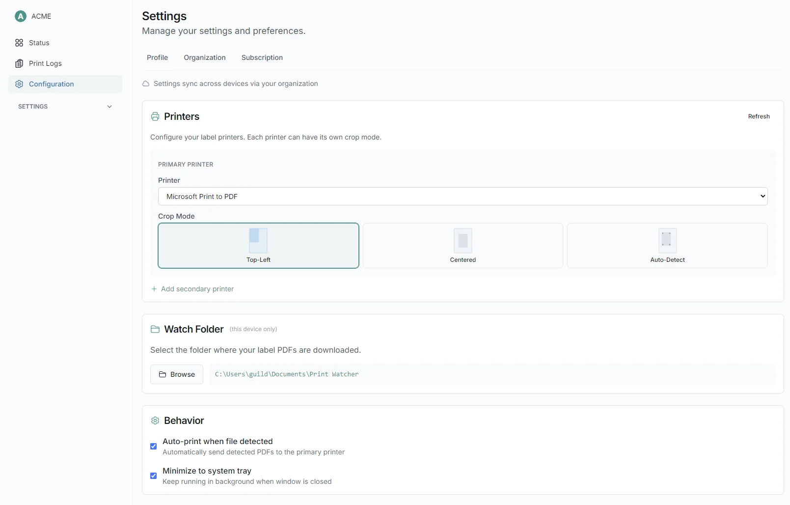 LabelChop Configuration page for choosing watch folder and printer