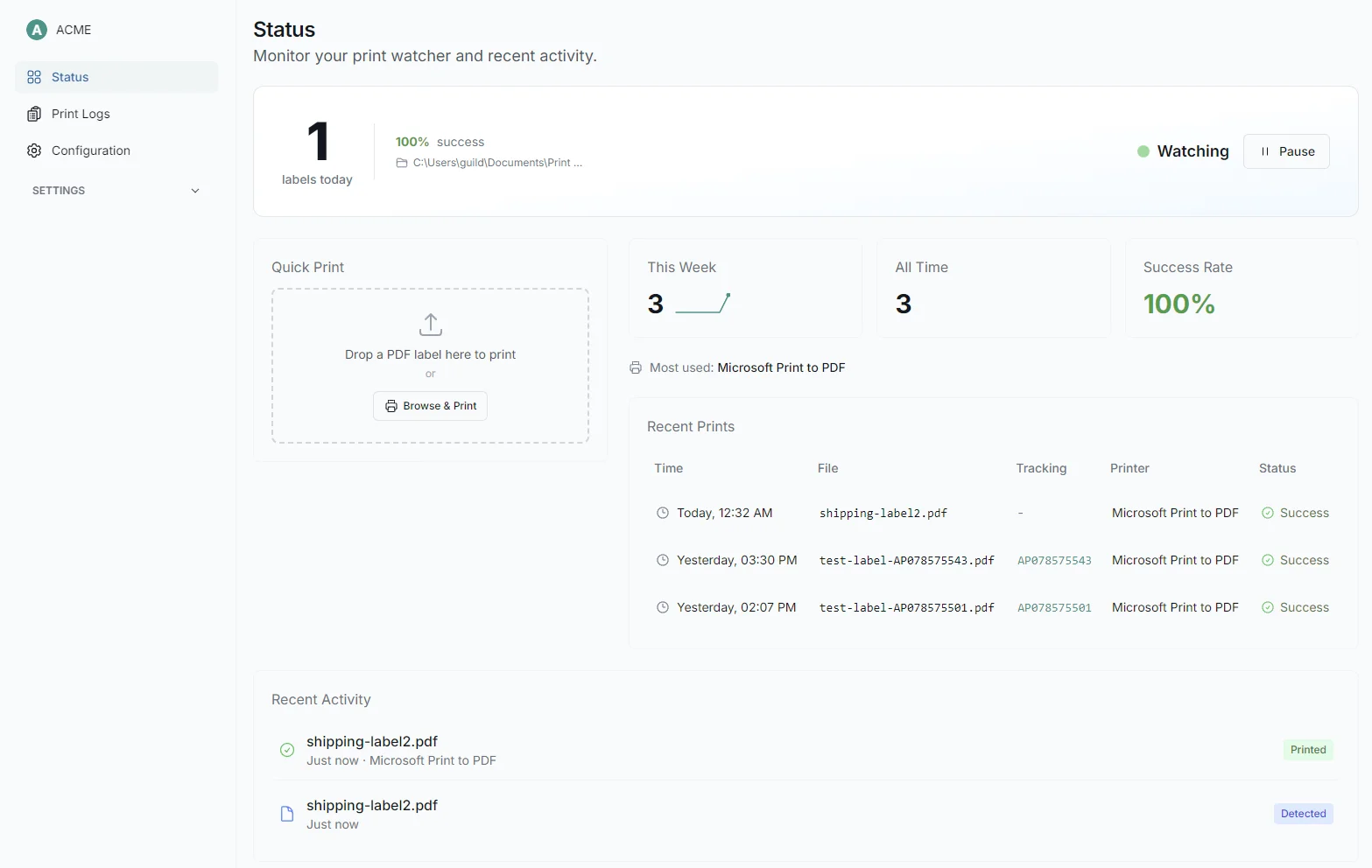 LabelChop Status dashboard showing shipping label PDF automation